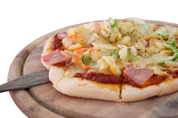 Pizza with shrimp isolated on white background