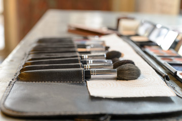 Close-up Various Makeup brushes in leather case
