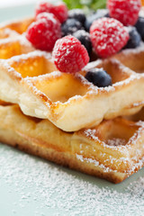 Fresh homemade brussels waffle with berries, shallow DOF