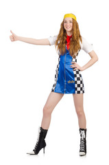 Woman wearing motosports clothing on white