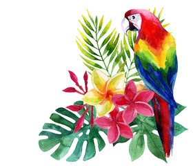 Watercolor parrot with exotic flowers and leaves © Tanya Syrytsyna