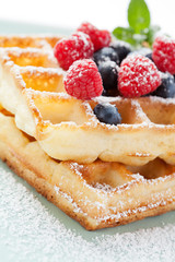 Fresh homemade brussels waffle with berries