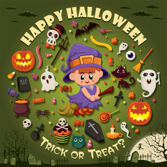 Obraz na płótnie Canvas Vintage Halloween poster design set with witch