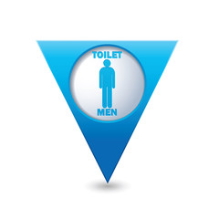 Blue triangular map pointer with restroom icon, man. WC icon
