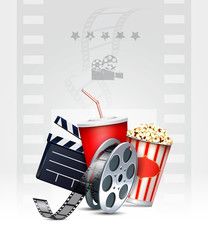 Cinema background with popcorn box, film strip and paper cup with drink.