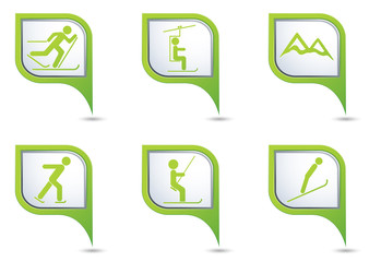 Winter sport icons set on green map pointers.
