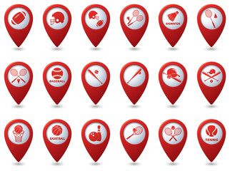 Tennis, Baseball, American football icons on red map pointers.
