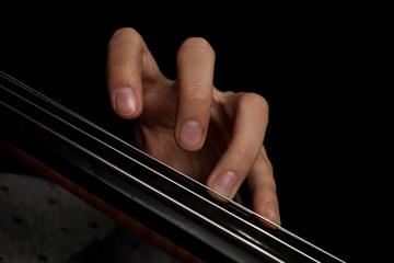 The fingers on the strings of the cello on a black background