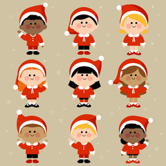 Diverse group of children in Christmas Santa Claus costumes. Vector illustration