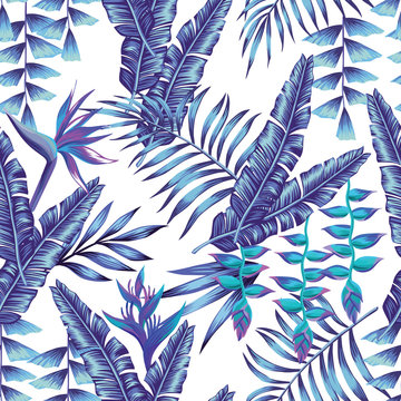 Blue Tropical Flowers And Palm Leaves Seamless Background