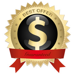 Best offer seal or icon with red banner and dollar symbol. Glossy golden seal or button with stars and elegant banner.