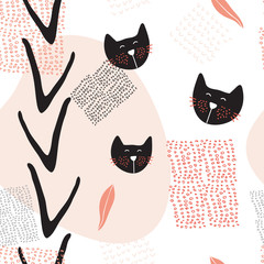 Motif de fond abstrait sans couture dessiné à la main avec des chats mignons