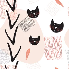 Fototapete Katzen Hand gezeichnetes abstraktes nahtloses Hintergrundmuster mit netten Katzen
