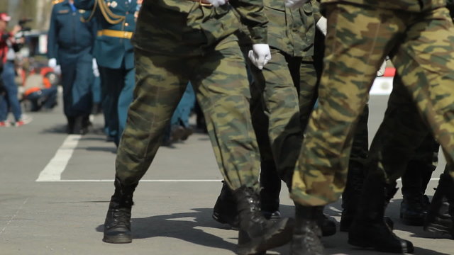 Russian soldiers marching on the parade ground