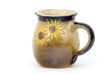 Clay jug, old ceramic vase isolated on white background