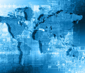 World map on a technological background, glowing lines symbols
