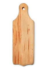 Empty kitchen cutting board with space for text on white background, top view