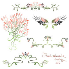 Set with frame borders, floral decorative ornaments with watercolor flowers, leaves and branches painted in watercolor on a white background for greeting card, decoration postcard, wedding invitation