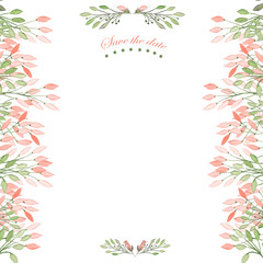 Obraz premium Frame border, floral decorative ornament with watercolor flowers, leaves and branches painted in watercolor on a white background for greeting card, decoration postcard or wedding invitation