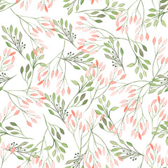 Seamless pattern with watercolor flowers, leaves and branches on a white background, wedding decoration