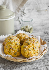 pumpkin rolls on bright wooden surface