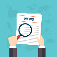 Newspaper icon with shadow. Hand holding a magnifying glass. Vec