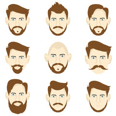Set of men with different hairstyles and beards, hipster style