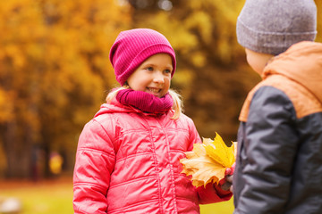 little boy giving autumn maple leaves to girl