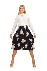 Pretty girl in black skirt with flowers isolated on white