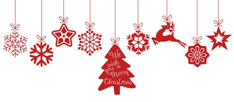 Merry Christmas. Christmas elements hanging line red isolated background.