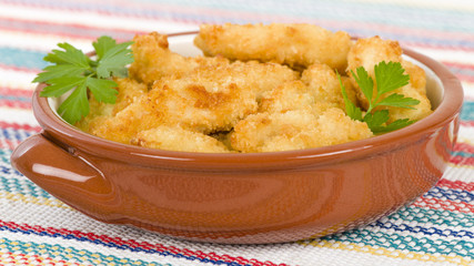 Chicken Goujons- Breaded and deep fried chicken pieces.
