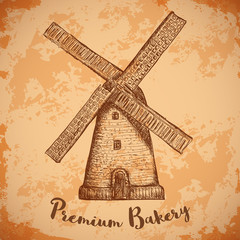 Windmill . Premium bakery. Vintage poster, labels, pack for bread. Retro hand drawn vector illustration windmill farm in sketch style on aged paper background.