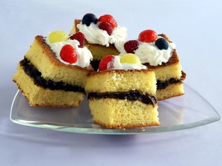 biscuit cake with jam , fruits and whipped cream