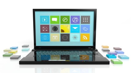 Laptop with beveled square apps, isolated on white background.