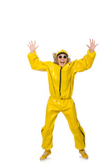 Woman in yellow suit isolated on white