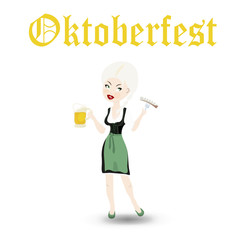 Sexy blond girl with beer and German sausage. Octoberfest icon s