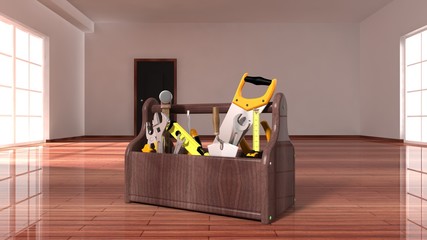 Toolbox on wooden floor inside in empty house interior.