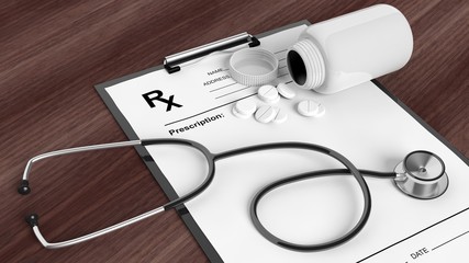 Blank prescription form with bottle of pills and stethoscope, on wooden desktop. © viperagp