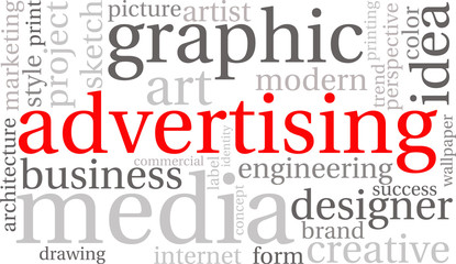 Creative advertising word cloud on a white background. 