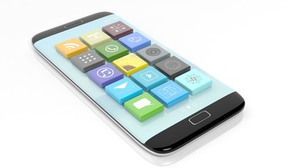 Smartphone with apps in shape of a beveled square, isolated on white background.