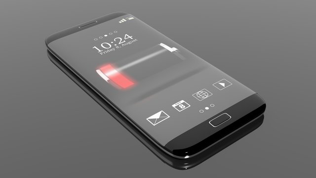 Smartphone With Low Battery Indicator On Screen, Isolated On Black