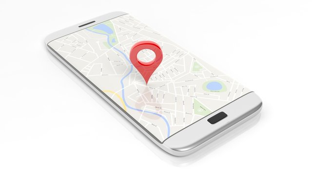 Smartphone With Map And Red Pinpoint On Screen, Isolated On White Background.