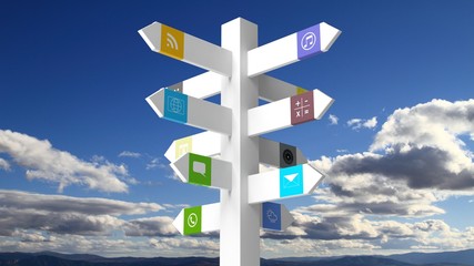 Signpost with apps on blue sky background
