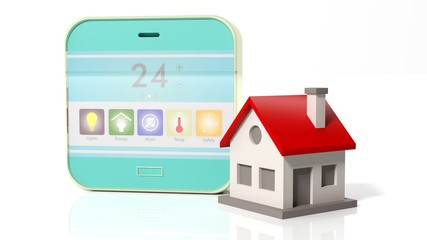 Smart home control device display and house icon, isolated on white background.