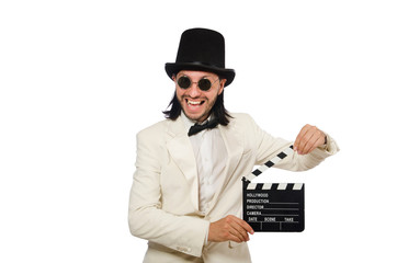 Man holding movie board isolated on white