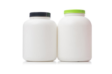 Jars with food additive protein isolated on white