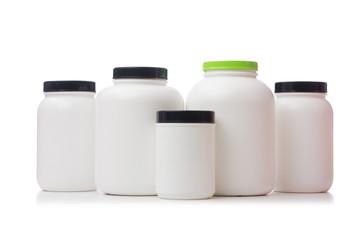 Jars with food additive protein isolated on white
