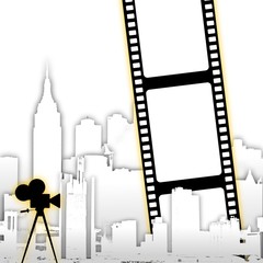 Abstract film strip background with stylized city skyline and old cinecamera - 93911980