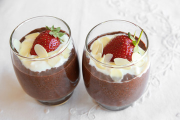 Homemade Chocolate Chia pudding with strawberry