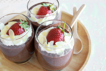 Homemade Chocolate Chia pudding with strawberry